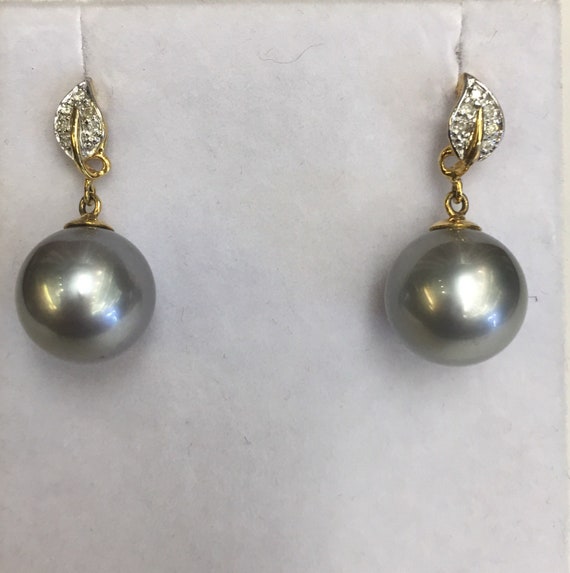 12.5mm Tahitian South Sea Pearl Earrings 14k Gold .15 TDW