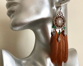 Boho Feather Earrings with Gemstones