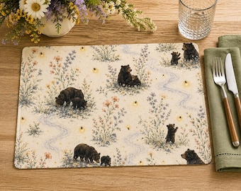 Firefly Creek Bear Family Placemats | Woodland Watercolor Nature Dining Set
