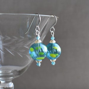 Blown Glass Earring, Hand Blown Turquoise Glass with Yellow Glass Dots Earrings, Sterling or Niobium Ear Wires