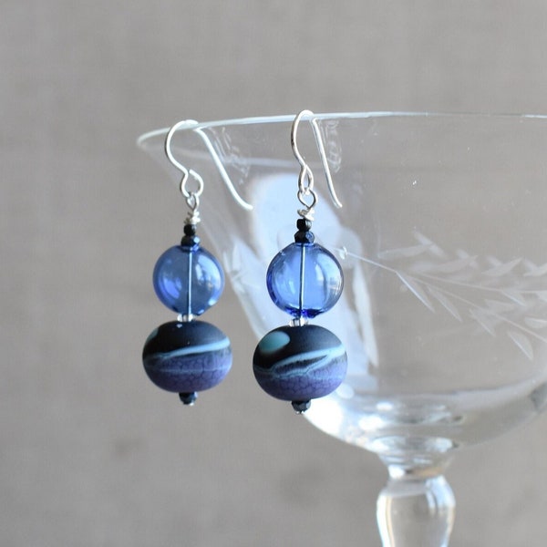 Dark Side of the Moon Earrings!! Blown Blue Glass and Etched Moon of Black, Blue and Lavendar Swirled Lampwork Earrings, Sterling Earwire