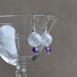 February Amethyst Birthstone Earrings, Faceted Natural Amethyst and Swirled Clear and White Blown Glass Earrings, Sterling Ear Wires