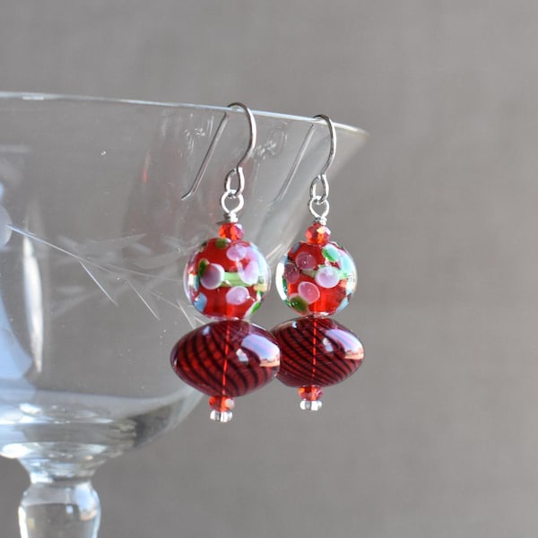 Blown Glass and Flowers in Glass Lampwork Earrings, Oval Blown Red Glass & Red Floral Lampwork Bead Earrings, Sterling wires