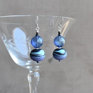 Dark Side of the Moon Earrings!! Blown Blue Glass and Etched Moon of Black, Blue and Lavendar Swirled Lampwork Earrings, Sterling Earwire
