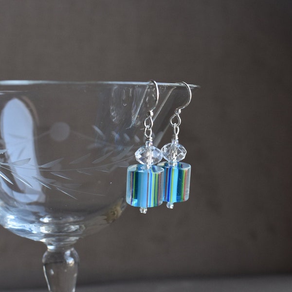 Blue and Primary Color Furnace Glass with Sparkling Clear Czech Glass Crystal Earrings, Sterling or Niobium Earwires