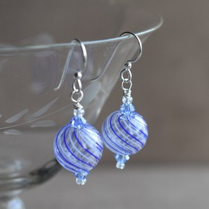 Blown Glass Earrings, Hand Blown Blue and White Swirls of Glass with Blue Swarovski Crystal Earrings, Sterling or Niobium Ear Wires