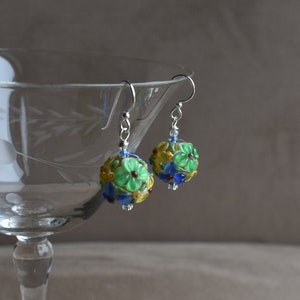 A Garden of Raised Flowers Lampwork Earrings!  Blue, Yellow, Green Raised Flowers Lampwork Earrings! Flowers for Your Ears! Sterling Wires