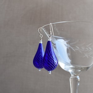 Blue Blown Glass Earrings, Hand Blown Teardrop Dark Blue Glass Earrings with Fine white Glass Swirls, Sterling or Niobium Earwires