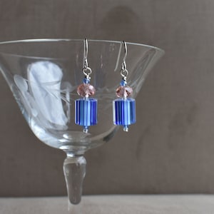 Blue and White Furnace Glass with Sparkling Pink Czech Glass Crystal Earrings, Sterling or Niobium Earwires