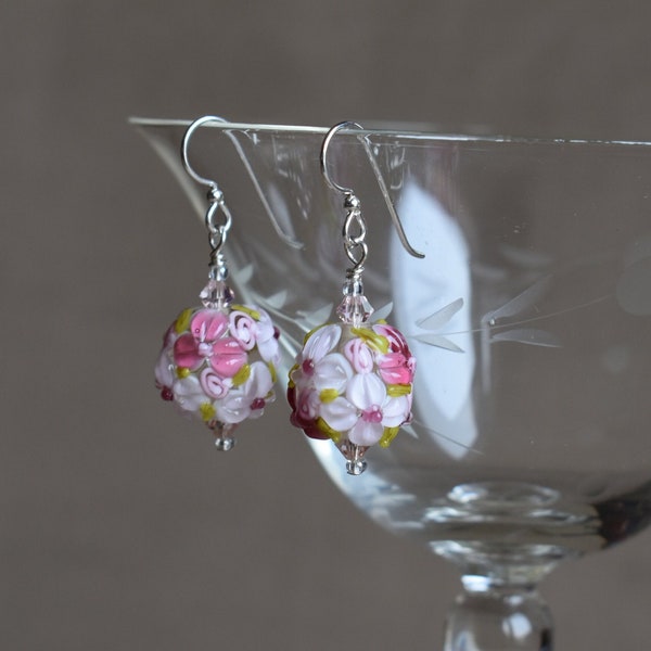 Raised Pink Flowers Lampwork Earrings, Shades of Pink Raised Floral Lampwork Bead Earrings, Pretty in Pink Flowers for Your Ears!