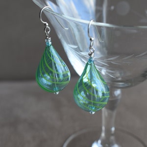 Blown Glass Earrings, Hand Blown Teardrop Turquoise Blue Glass Earrings with Fine Green Glass Swirls, Sterling or Niobium Earwires