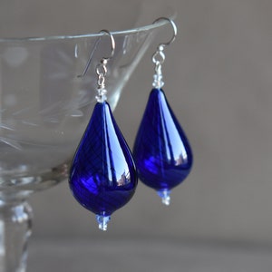 Blue Blown Glass Earrings, Hand Blown Teardrop Dark Blue Glass Earrings with Fine Dark Blue Glass Swirls, Sterling or Niobium Earwires