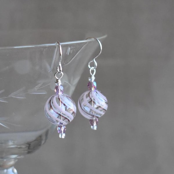 Pretty In Pink Blown Glass Earrings, Blown Glass Earrings with Swirls of Rose and Purple Glass, and Purple AB Crystals, Sterling  Earwires