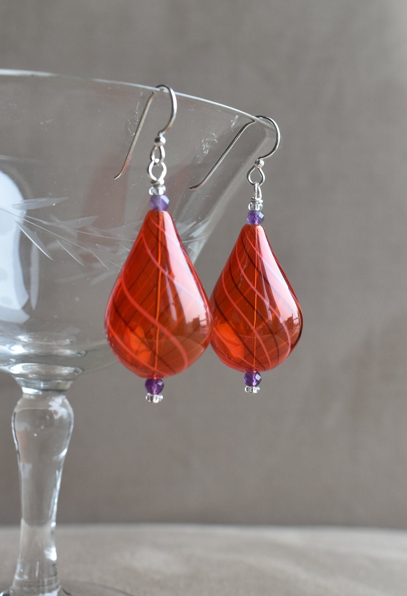 Blown Glass Earrings, Teardrop Hand Blown Raspberry Red Glass Earrings