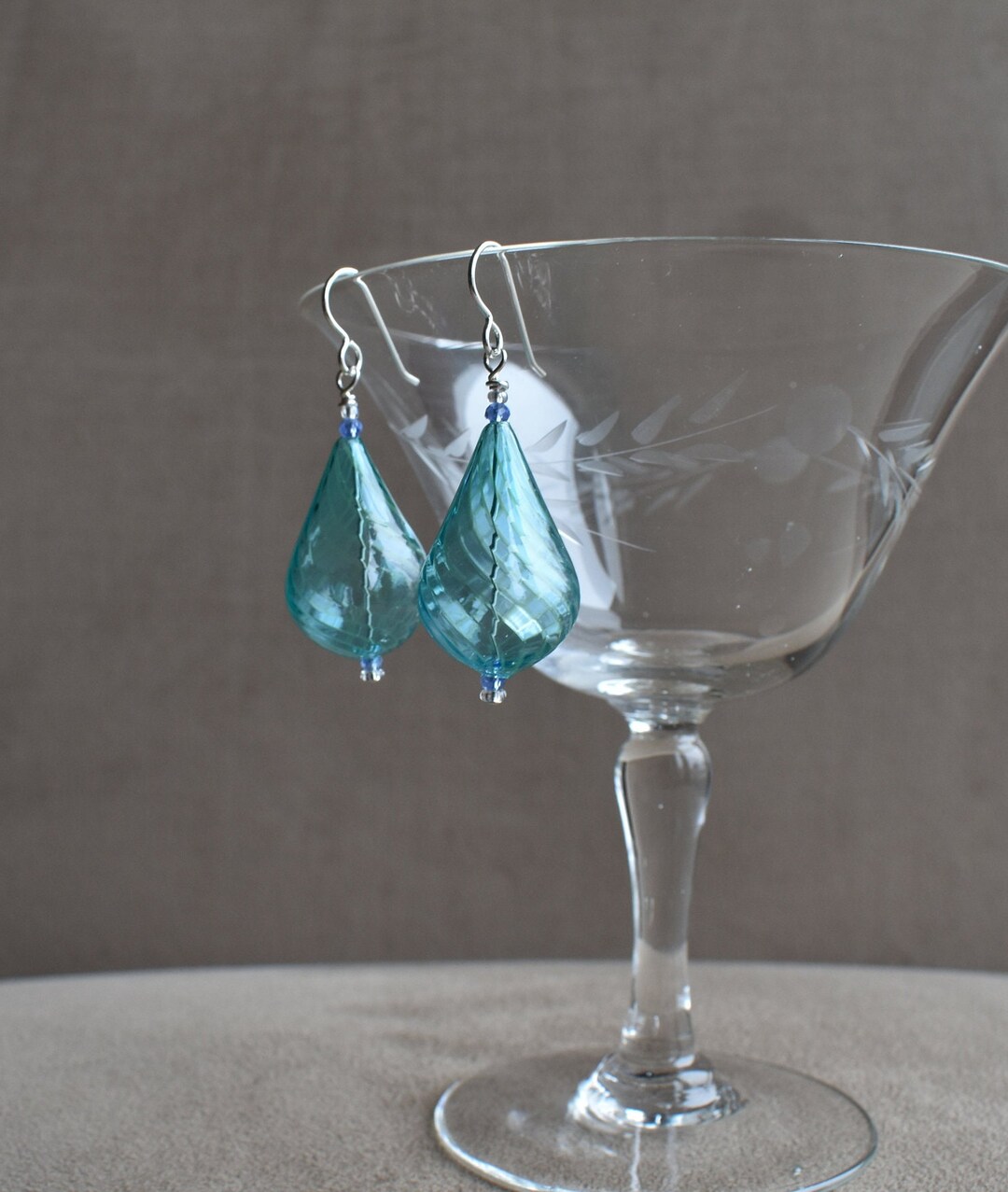 Blown Glass Earrings, Hand Blown Teardrop Turquoise Blue Glass Earrings