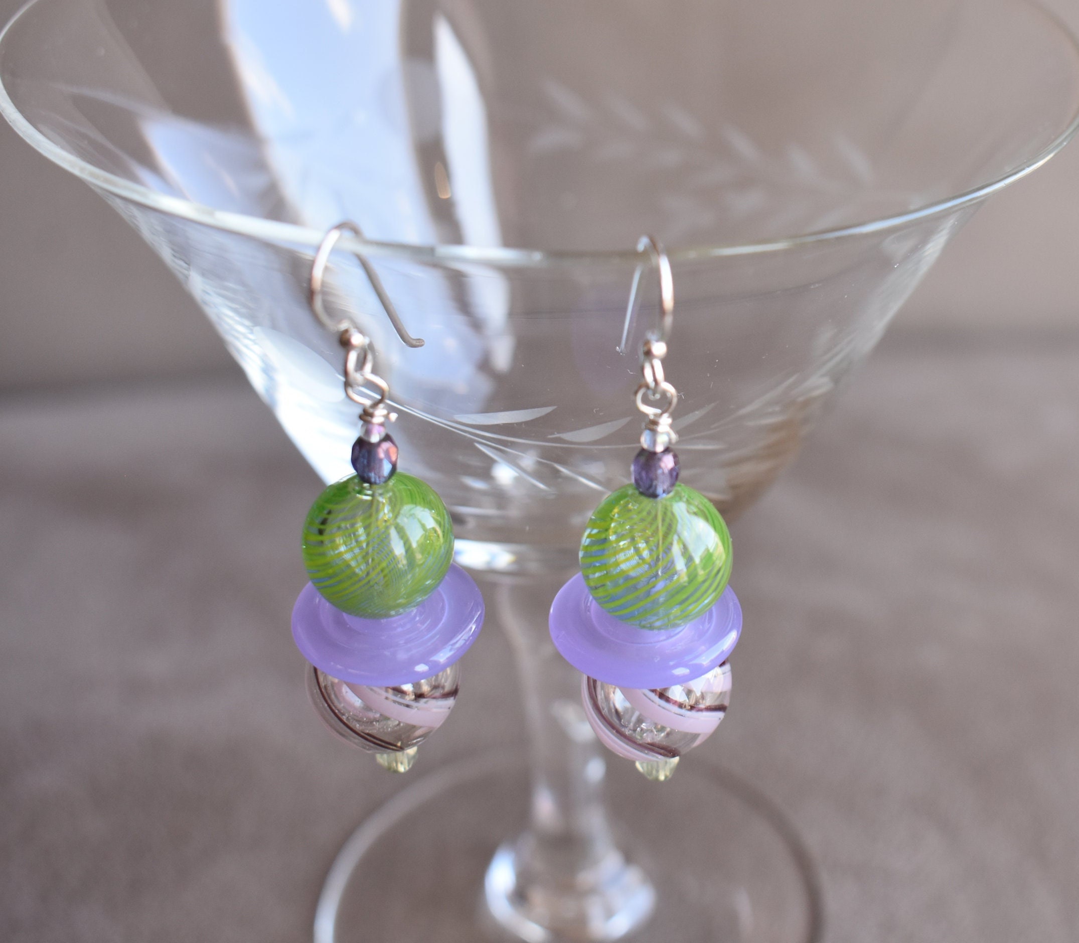 Blown Glass and Wisteria Disc Earrings, Green Blown Glass and Pink