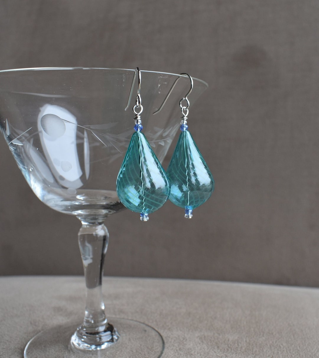 Blown Glass Earrings, Hand Blown Teardrop Turquoise Blue Glass Earrings