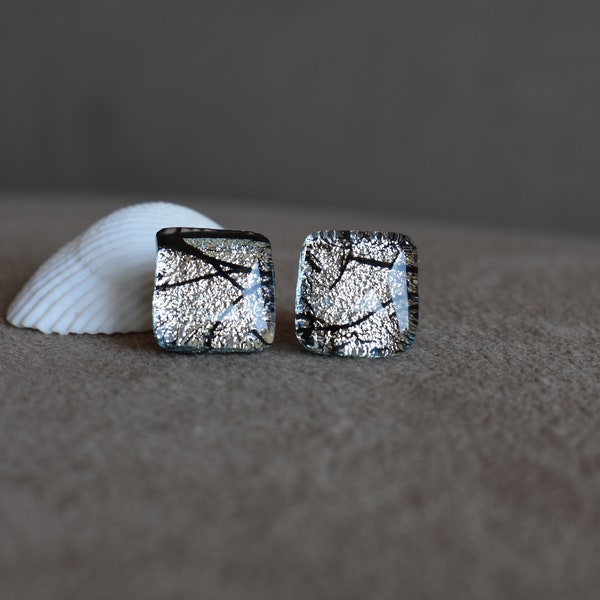 Black Branches on Sparkling Silver Dichroic Glass Stud Earrings, Surgical Stainless Steel Ear Posts