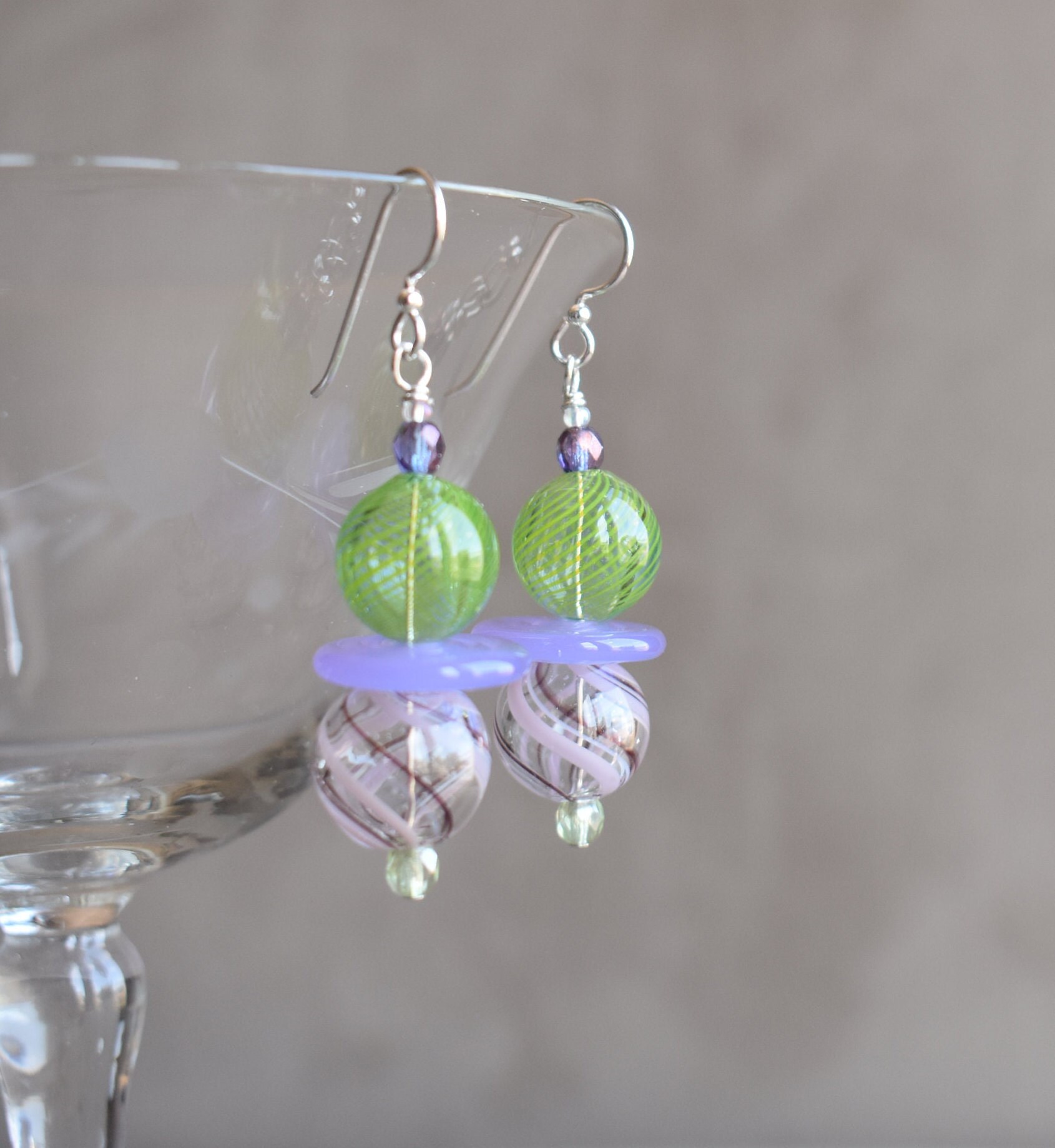 Blown Glass and Wisteria Disc Earrings, Green Blown Glass and Pink