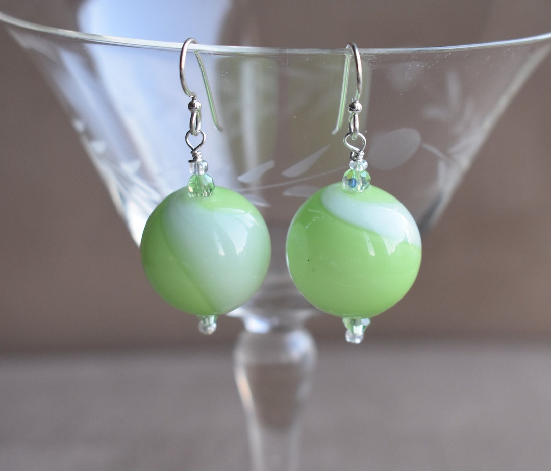 Blown Glass Earrings, Hand Blown Light Green 20mm 3/4 Glass Earrings