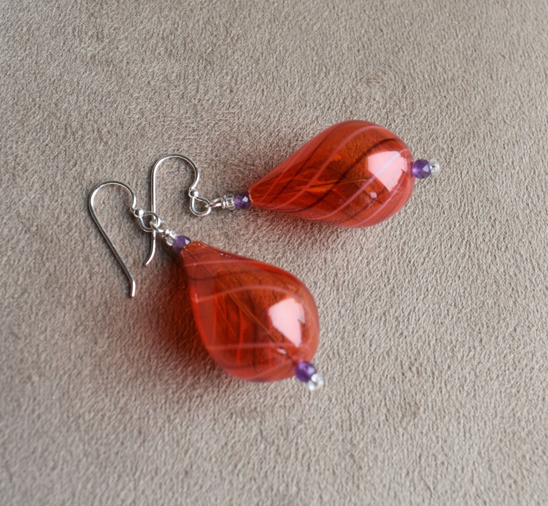 Blown Glass Earrings, Teardrop Hand Blown Raspberry Red Glass Earrings