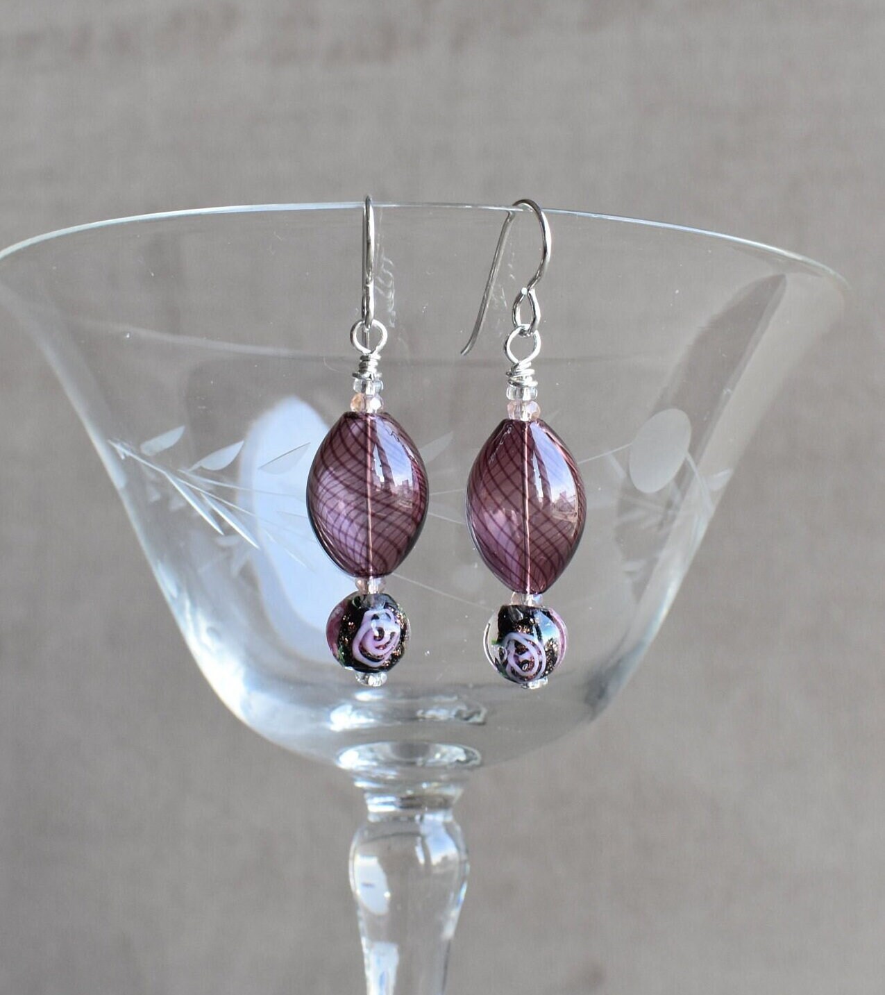 Blown Glass Earrings, Hand Blown Oval Purple Glass Earrings and Purple