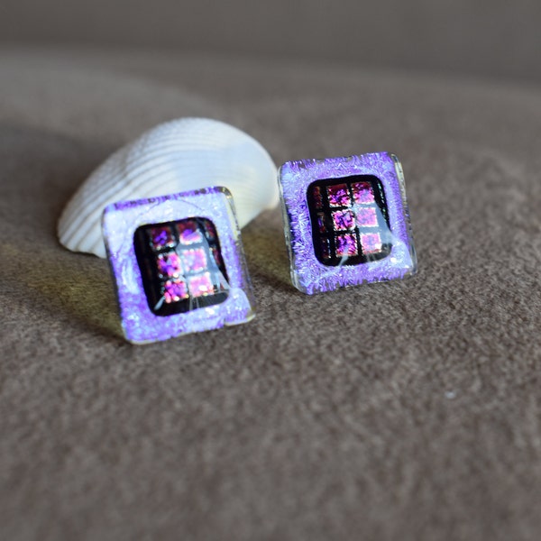 Transparent Purple Glass with a Center Dichroic Glass Grid of Purple and Pink Stud Earrings, Surgical Stainless Steel Ear Posts