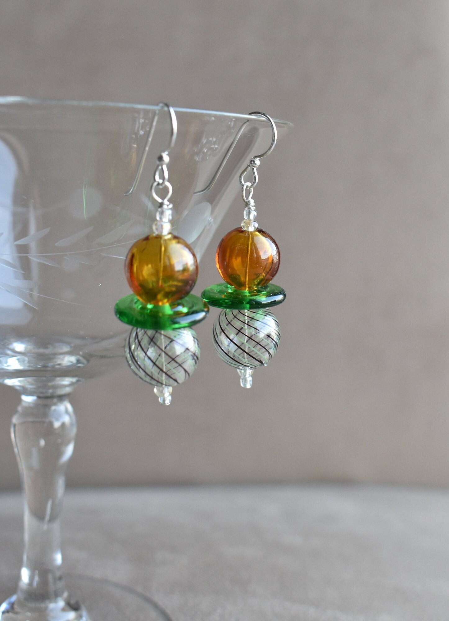 Blown Glass and Green Glass Disc Earrings, Copper Color Blown