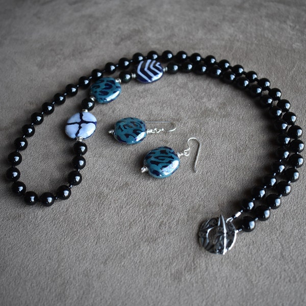Kazuri Bead Necklace Set, Kazuri Focal Beads and Black Onyx 24" Necklace Set, Kazuri  Animal Print Bead Earrings