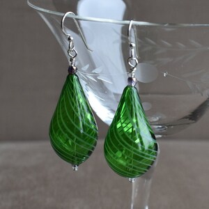 Blown Glass Earrings, Hand Blown Teardrop Green Glass Earrings with Fine Light Green Glass Swirls, Sterling or Niobium Earwires