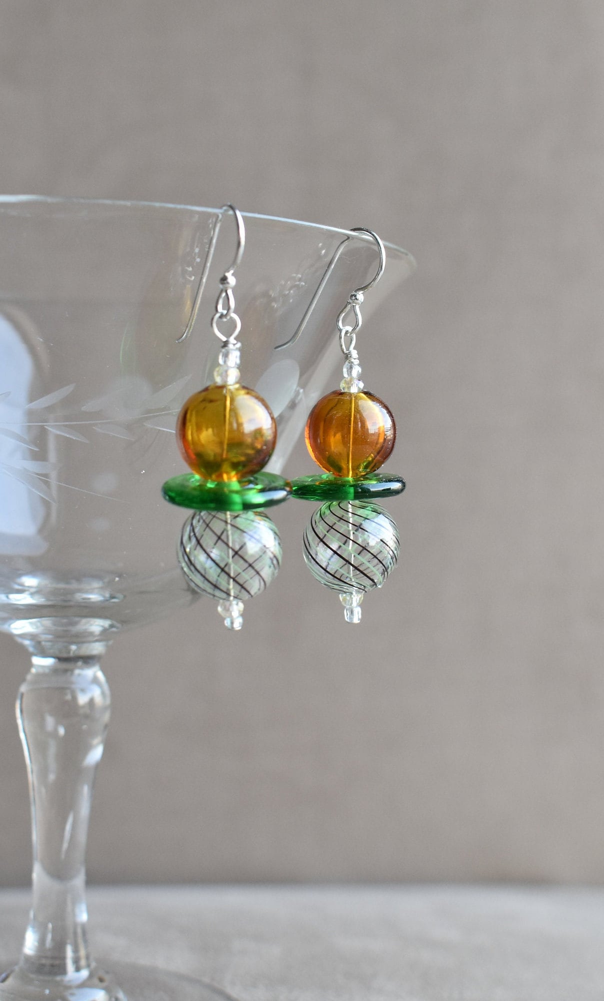 Blown Glass and Green Glass Disc Earrings, Copper Color Blown