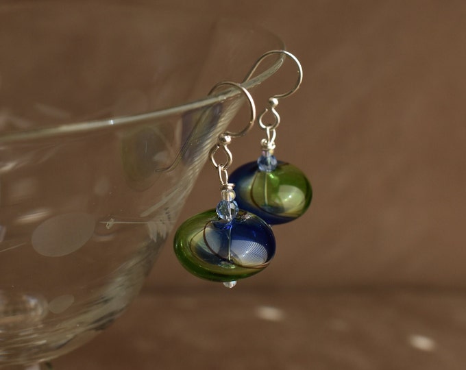 Blown Glass Earrings, Hand Blown Blue and Green Glass Earrings With