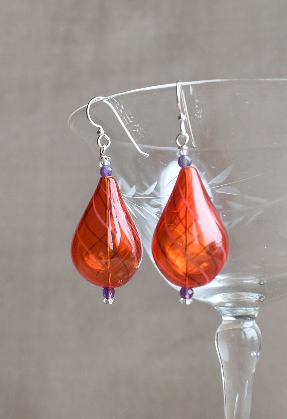 Blown Glass Earrings, Teardrop Hand Blown Raspberry Red Glass Earrings