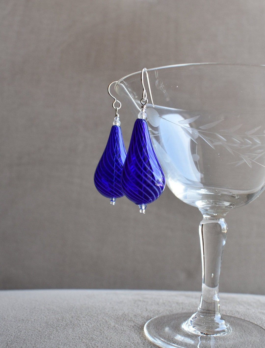 Blue Blown Glass Earrings, Hand Blown Teardrop Dark Blue Glass