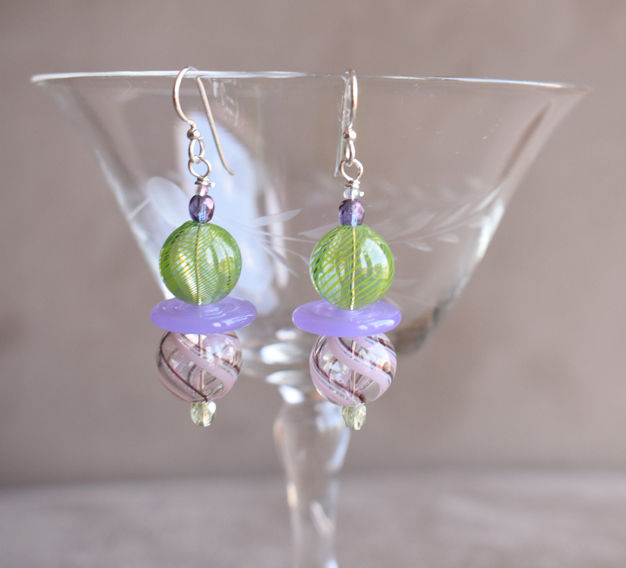 Blown Glass and Wisteria Disc Earrings, Green Blown Glass and Pink