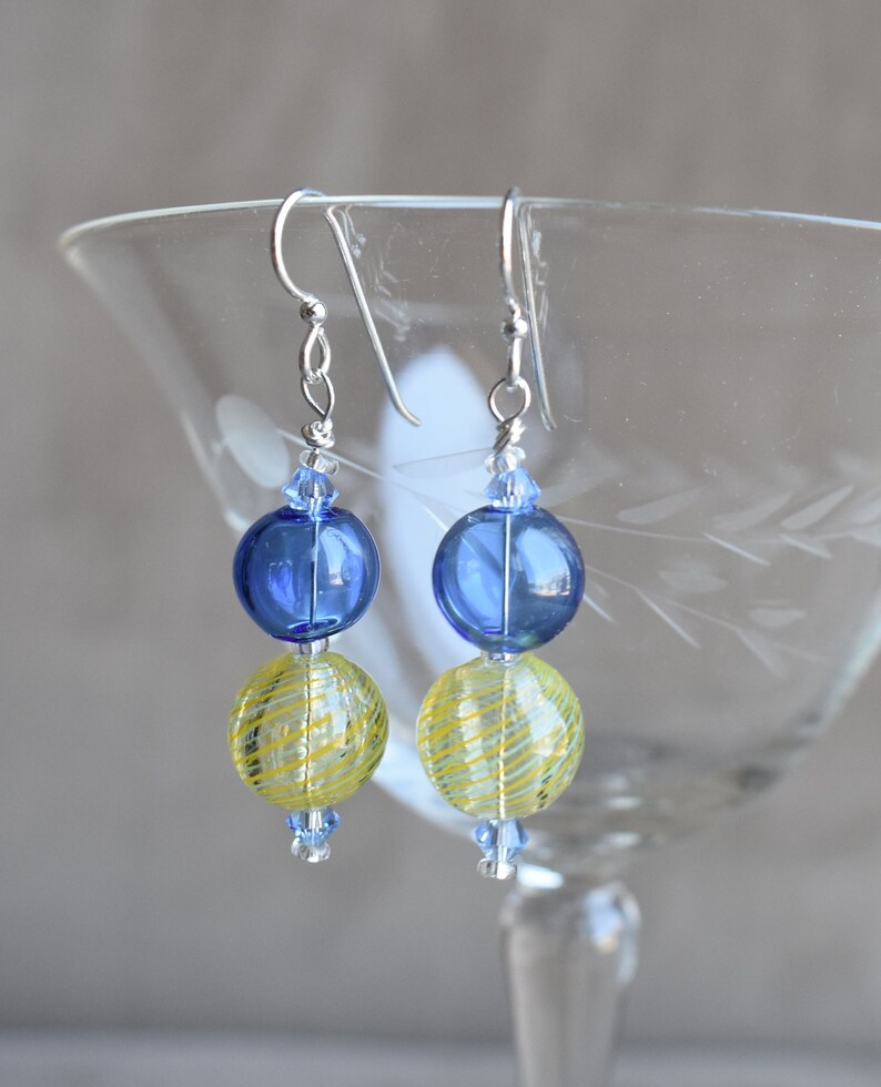 Blown Glass Earrings, Yellow and White Swirl Blown Glass and Blue Blown
