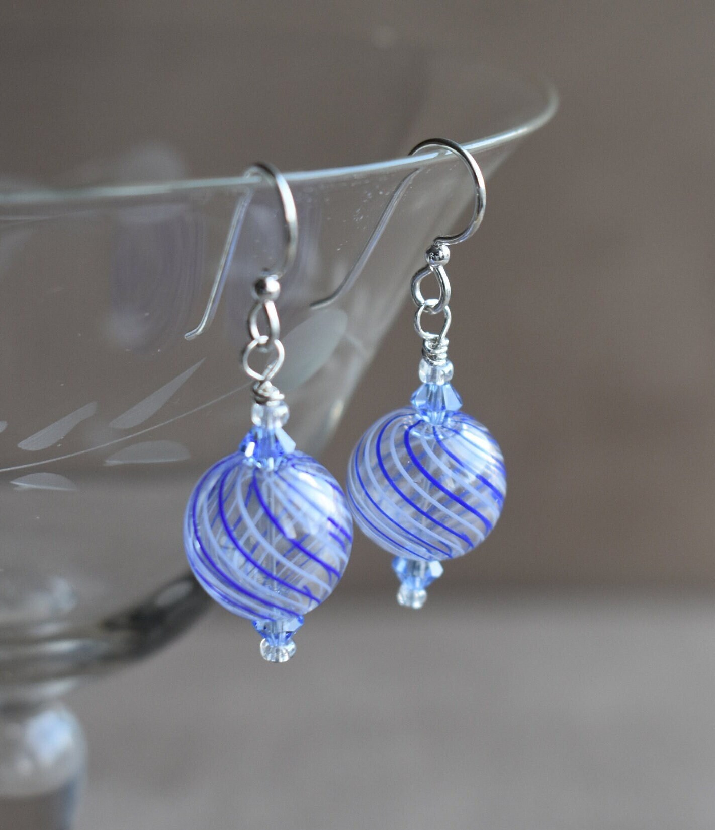 Blown Glass Earrings Hand Blown Blue and White Swirls of Etsy