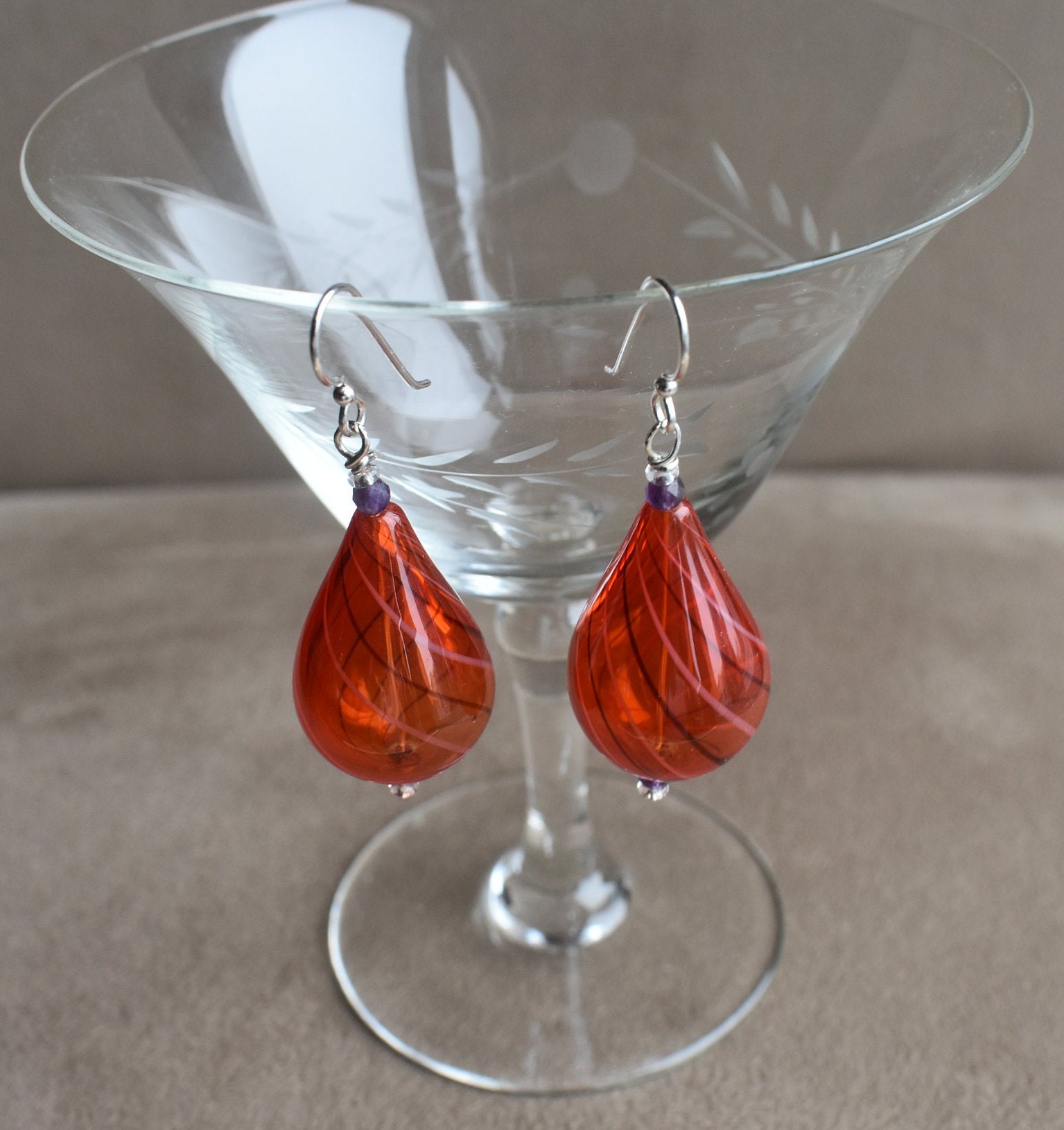 Blown Glass Earrings, Teardrop Hand Blown Raspberry Red Glass Earrings