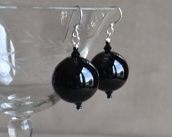 Blown Black Glass Earrings, Hand Blown 3/4" (20mm) Black Glass Earrings with Black Crystals, Sterling or Niobium Earwires