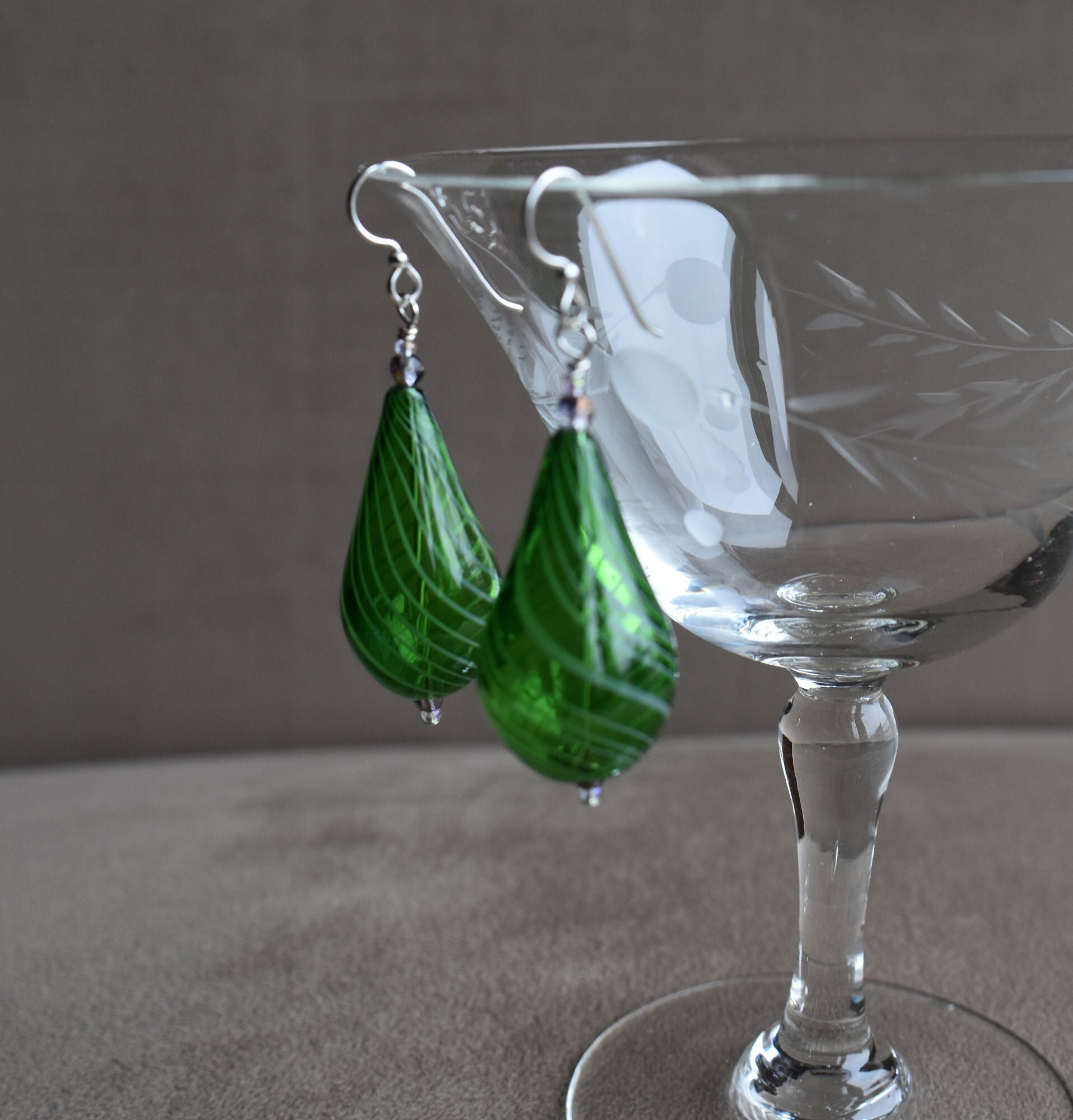 Blown Glass Earrings Hand Blown Teardrop Green Glass Earrings Etsy