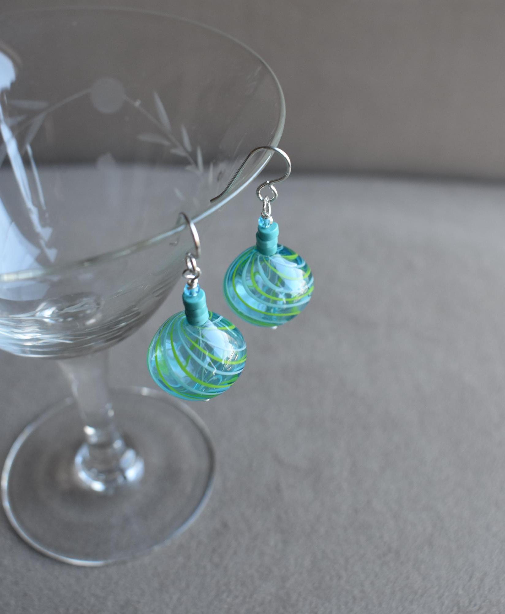 Blown Glass Earrings, Hand Blown Turquoise Blue Glass With Swirls