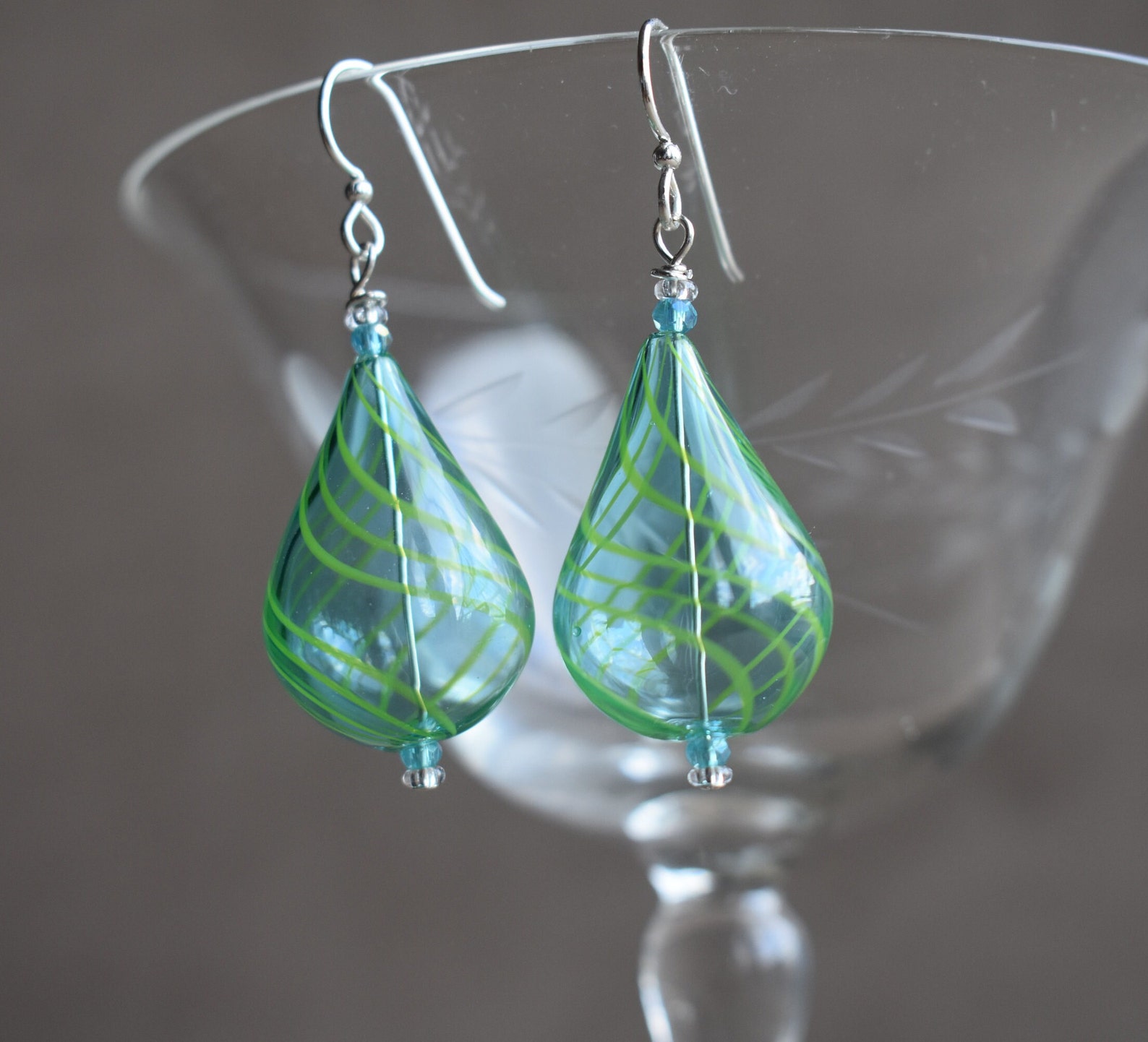Blown Glass Earrings Hand Blown Teardrop Turquoise Blue Glass Etsy