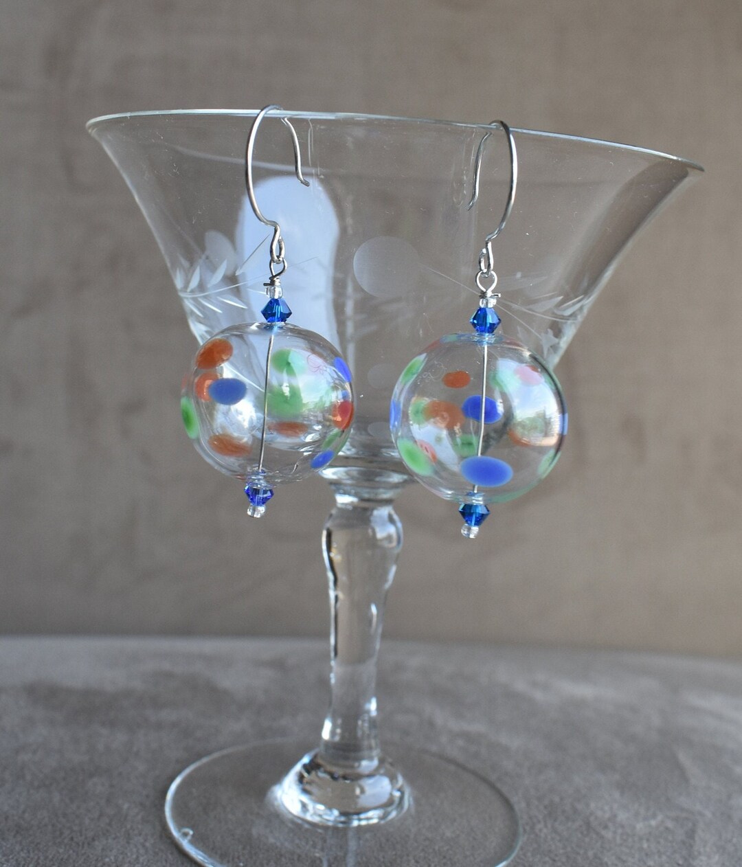 Blown Glass Earrings, Hand Blown Clear 1 Dia. Glass Earrings With Spots