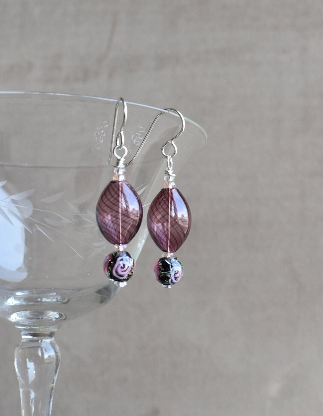 Blown Glass Earrings, Hand Blown Oval Purple Glass Earrings and Purple