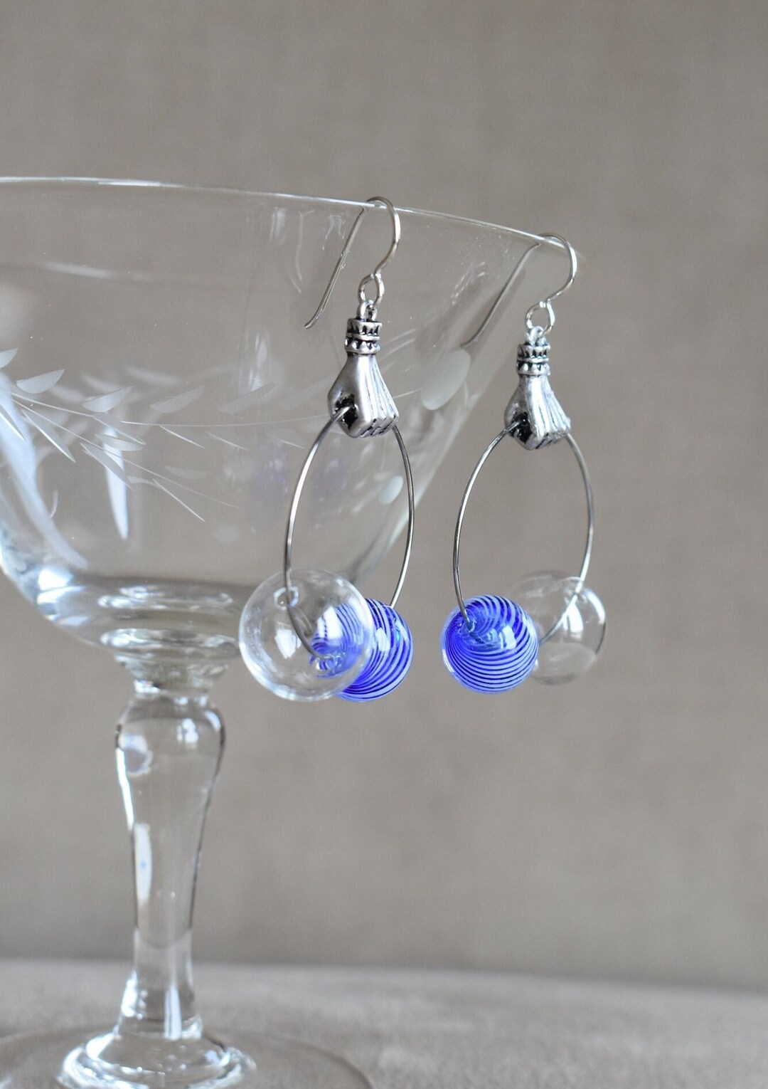 Hand Blown Glass Earrings on a Stainless Hoop, Hand and Hoop Hand Blown