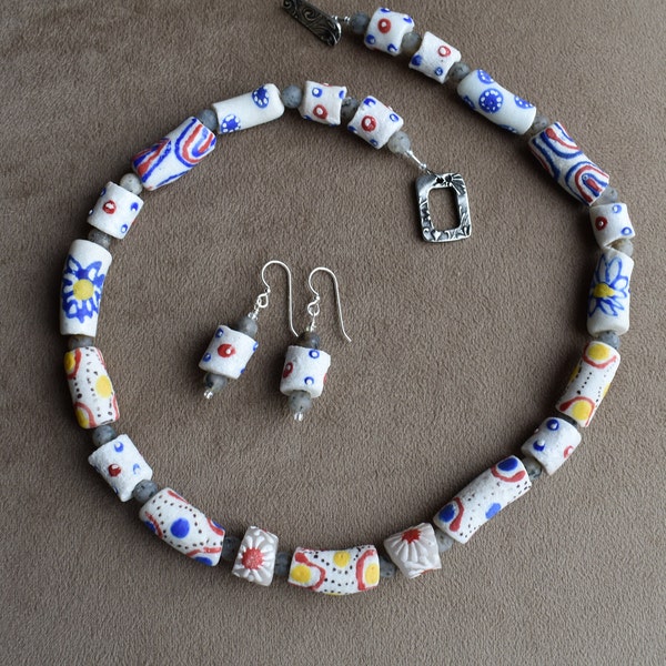 Krobo Bead Necklace Set, White Krobo Bead Necklace Set with Colorful Designs of Blue, Yellow, Red, 19 1/2" Krobo Bead Necklace  Set