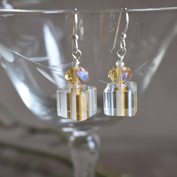 Gold and White Color Furnace Glass with Gold Czech Glass Crystal Earrings, Sterling or Niobium Earwires