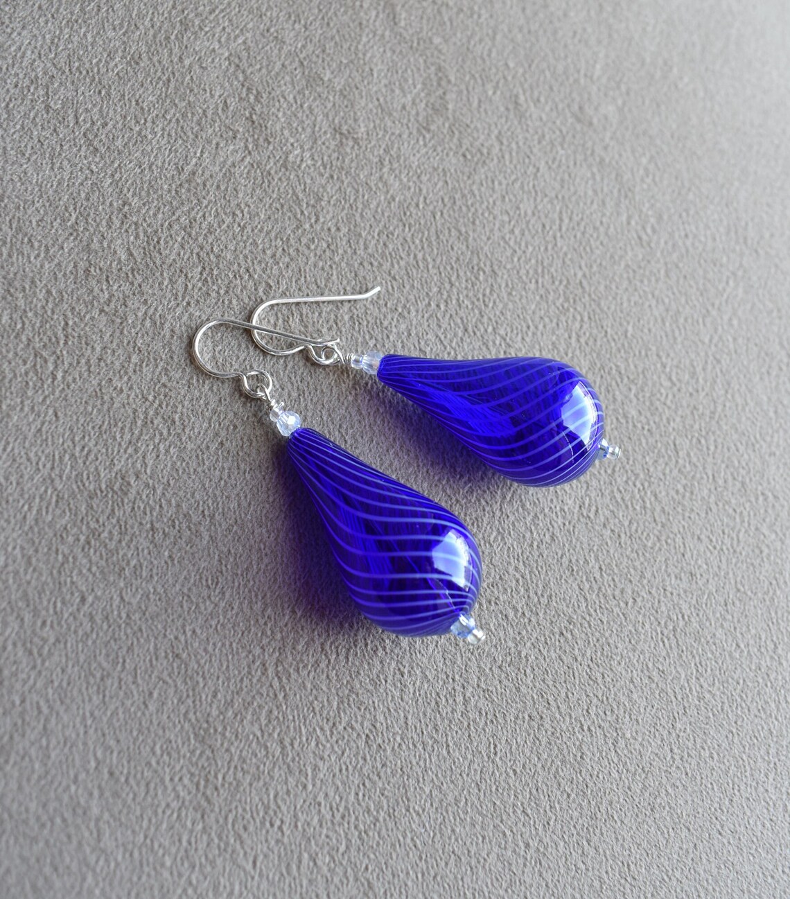 Blue Blown Glass Earrings, Hand Blown Teardrop Dark Blue Glass