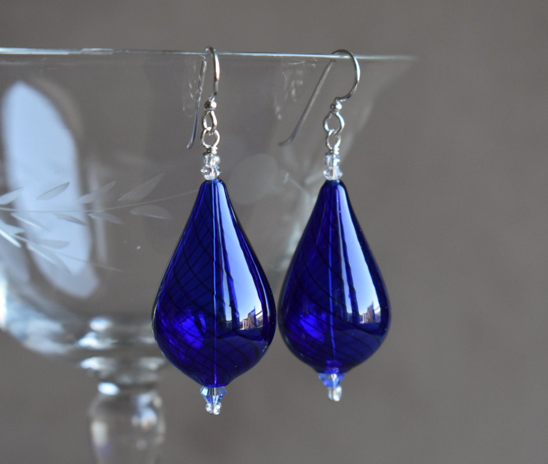 Blue Blown Glass Earrings Hand Blown Teardrop Dark Blue Glass