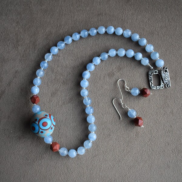 Blue Agate and Red Jasper Necklace Set with Round Blue Focal Bead Made in Arizona USA, Sterling or Niobium Earwires